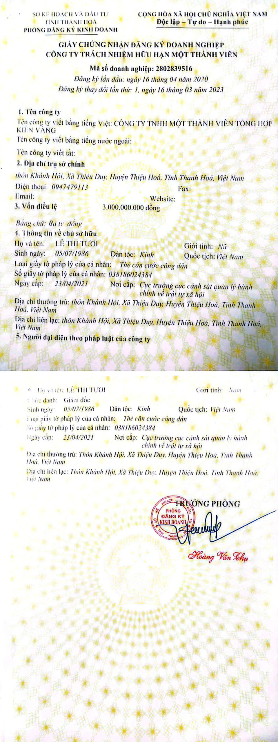 Giấy chứng nhận đăng ký doanh nghiệp củaCông ty TNHH Một Thành Viên Tổng Hợp Kiến Vàng