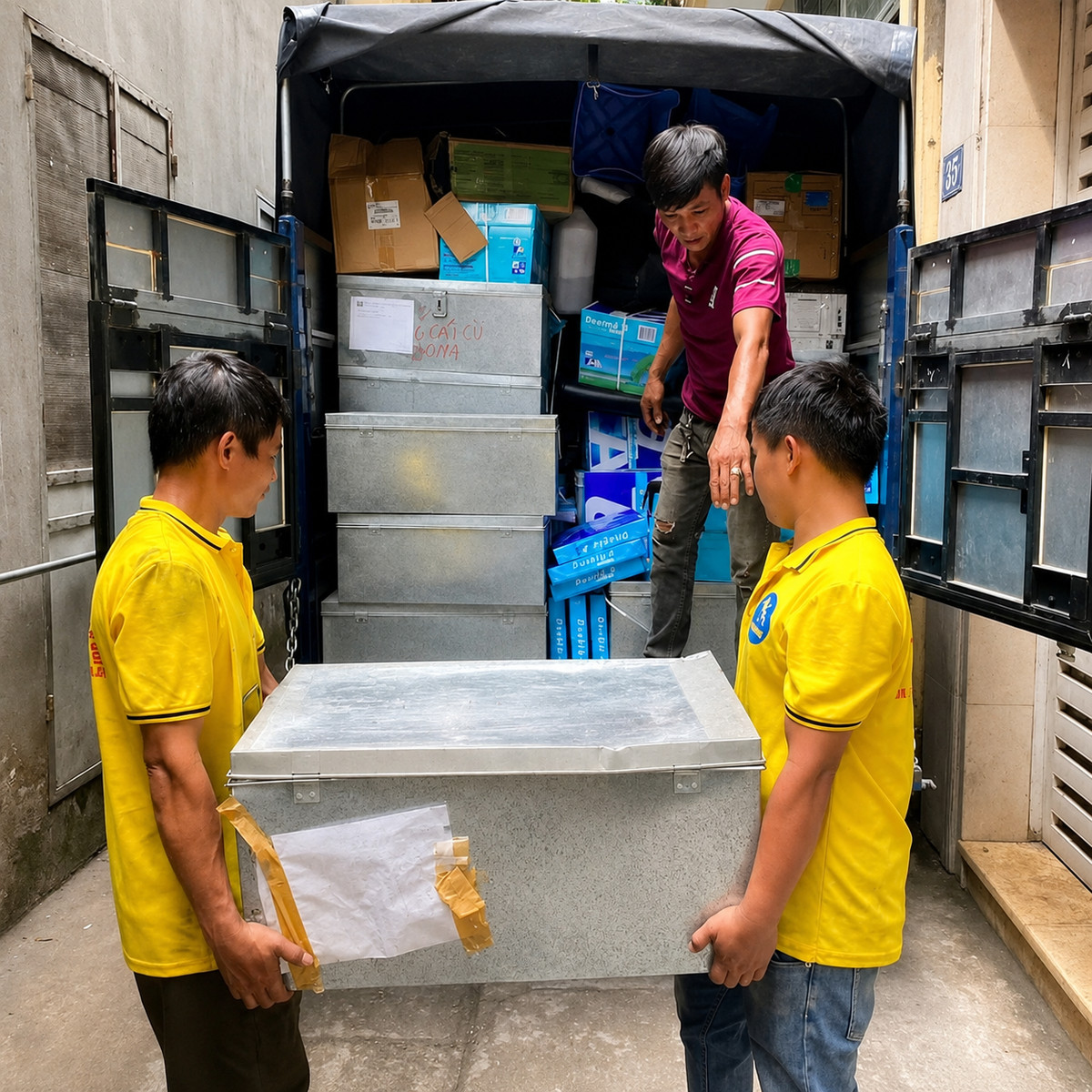 Nhân viên dỡ đồ cồng kềnh từ xe vận chuyển