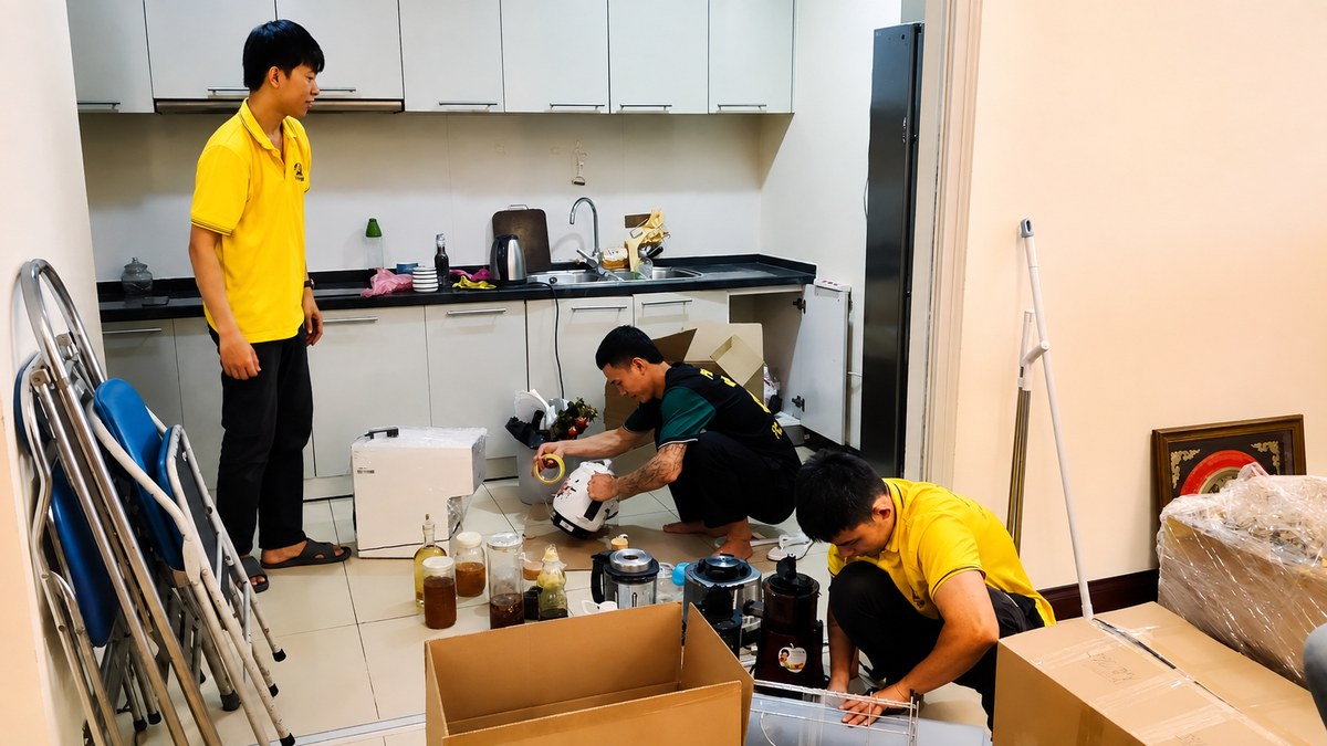 Nhân viên phân loại và đóng gói đồ gia dụng trước khi chuyển nhà
