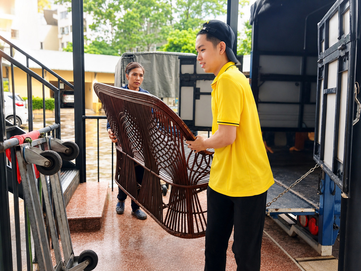 Di chuyển ghế nội thất ra xe trong dịch vụ chuyển nhà Thanh Xuân